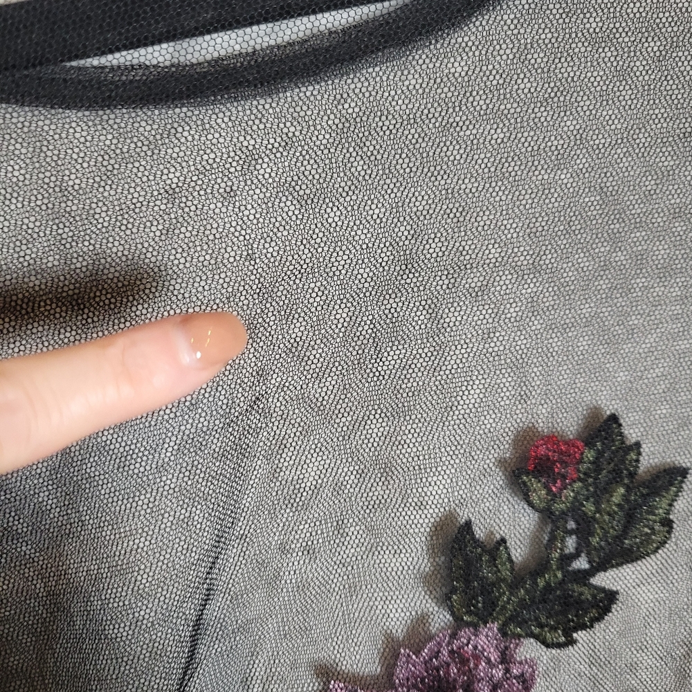Vintage Black Whimsigoth Sheer Mesh Floral Applique Shirt 3X Tiered Sleeves - Picture 10 of 12